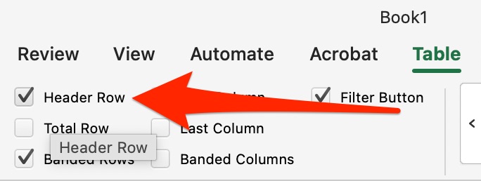 showing the settings in Excel for adding a header row in a table